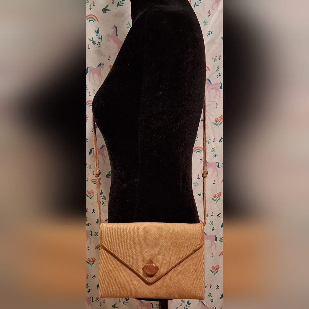 EUC RARE Vintage 70s Christian Dior Boutique Tan Linen & Silk Envelope Purse Bag - Picture 2 of 12